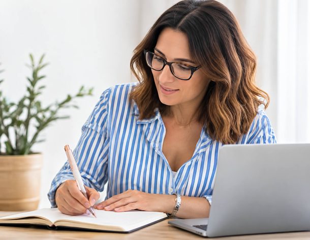Woman writing in a notebook beside a laptop