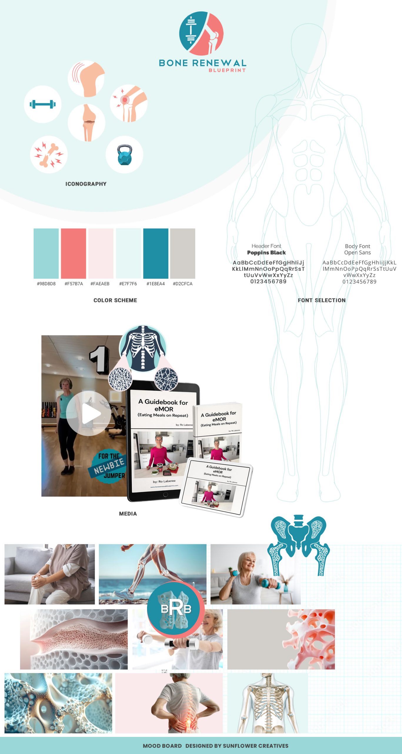 Bone Renewal Blueprint approved brand board showing the logo, teal and coral palette, typography, customized graphics, and imagery