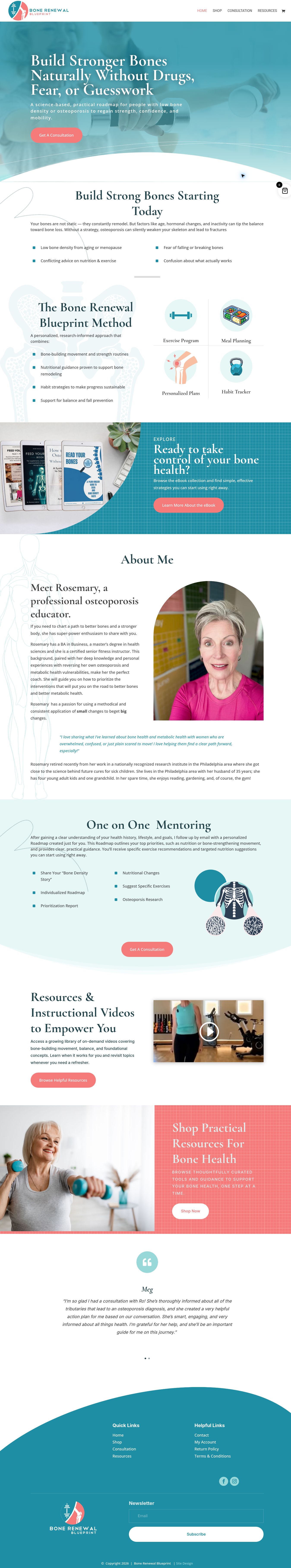 Complete Bone Renewal Blueprint homepage layout from the introduction through resources, products, and footer