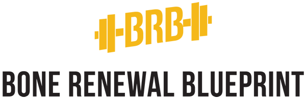 Original Bone Renewal Blueprint logo with black lettering and a gold barbell motif